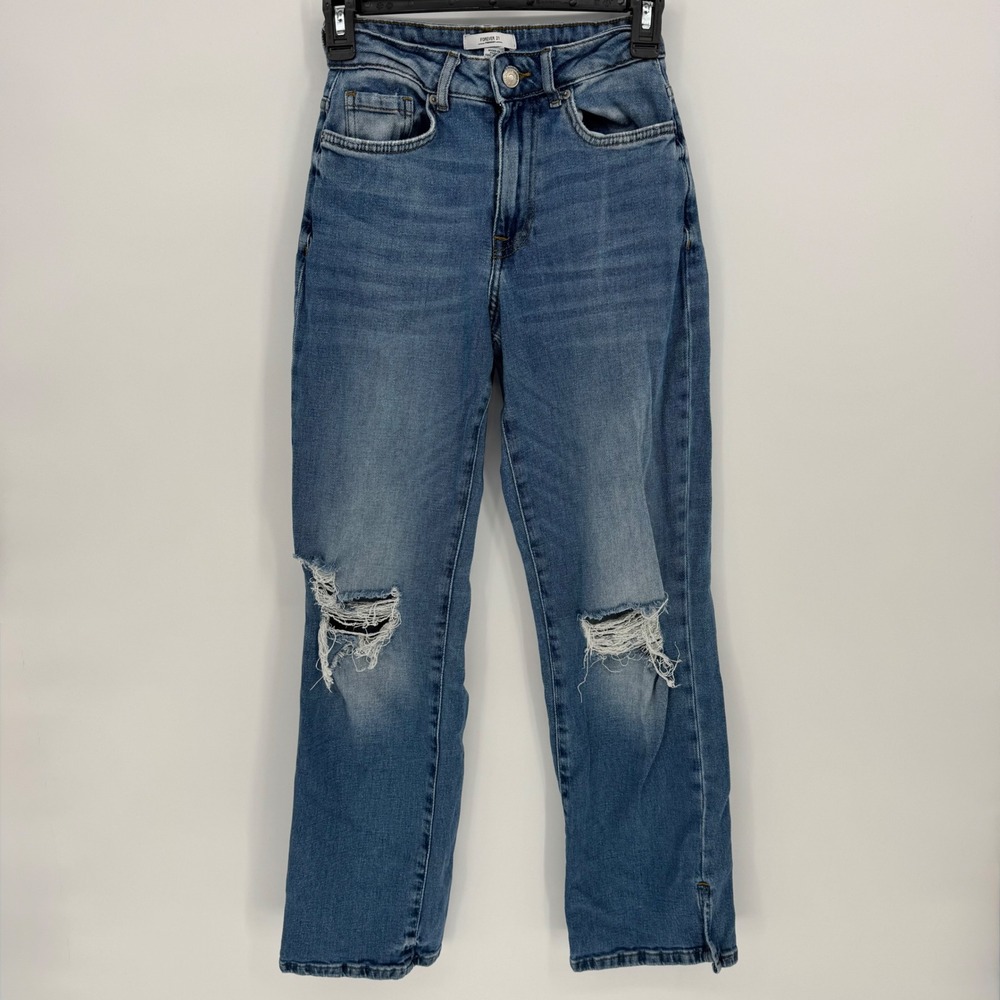 Forever 21 Women's Blue Denim Distressed High Rise Straight‎ Leg Jeans Size 24